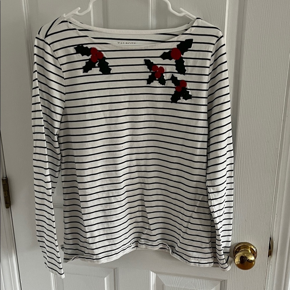 Talbots Black and White Striped Top with Red Floral Accents